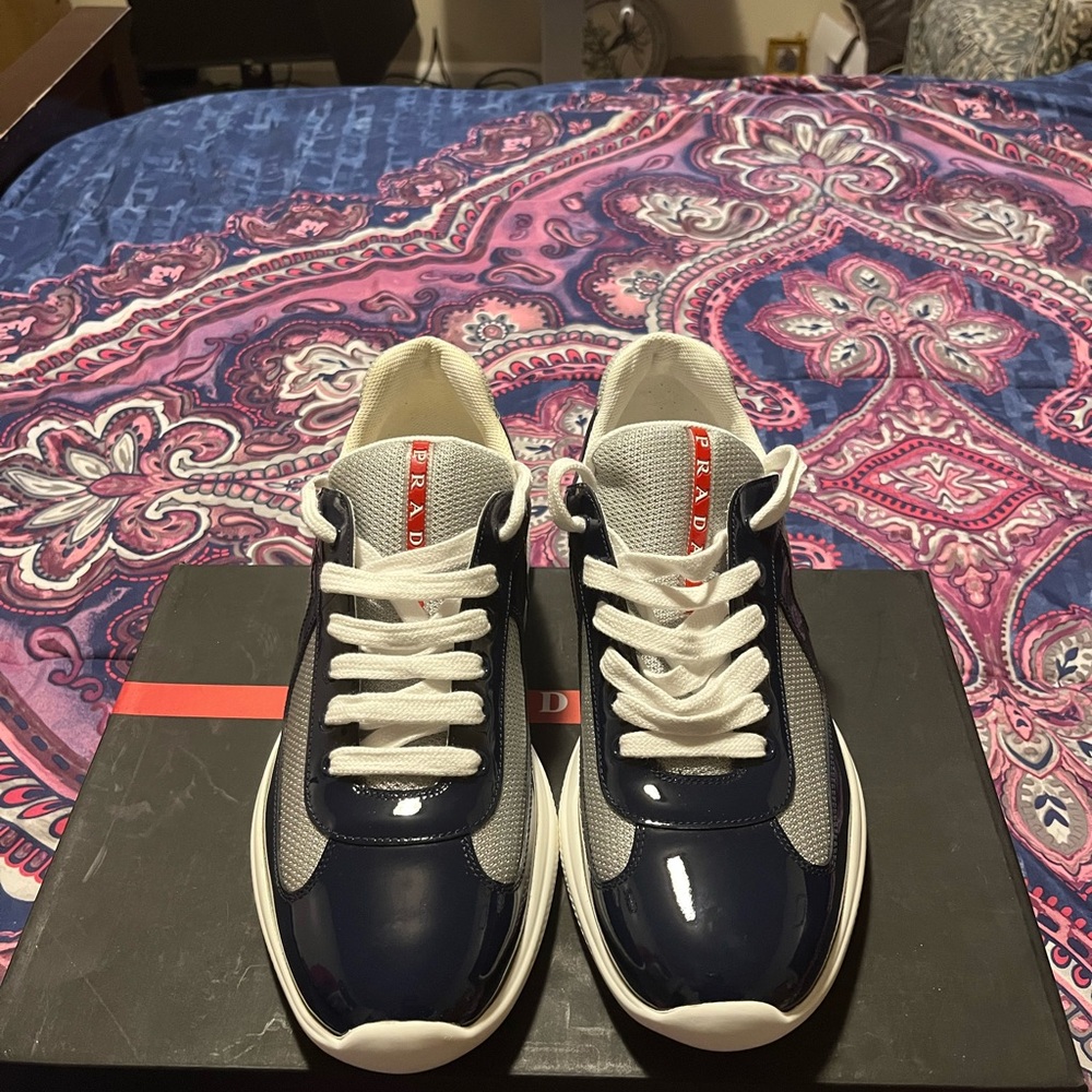 Prada Men Americas Cup Patent Leather Size 10.5 Navy Blue & Silver